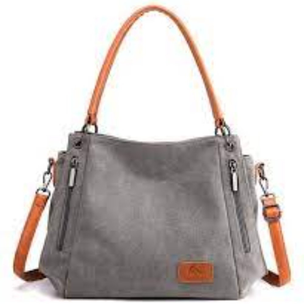 NWT Gray & Cognac-Strap Top-Zip Convertible Canvas Tote